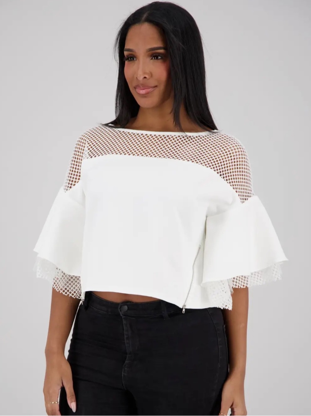 Advance Apparels White Mesh Yoke Ruffle Sleeve Top